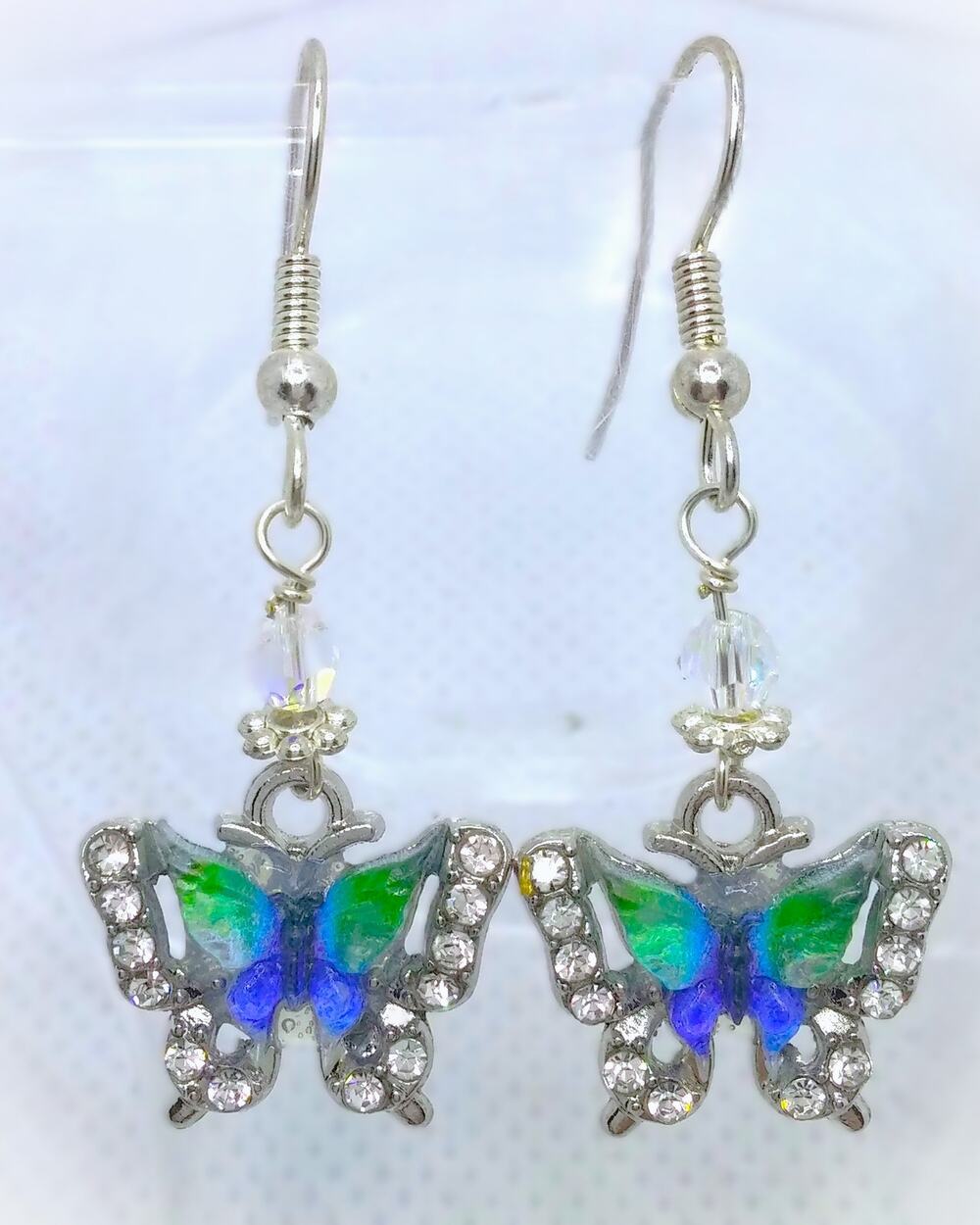 Whimsical Butterfly Crystal Dangle Earrings Artisan Made Feminine Blue Green NEW